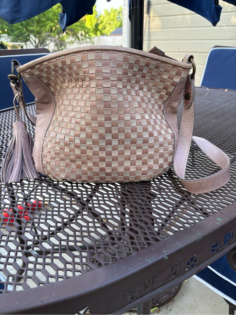 Frye Dusty Purple Woven Leather Crossbody with Tassel